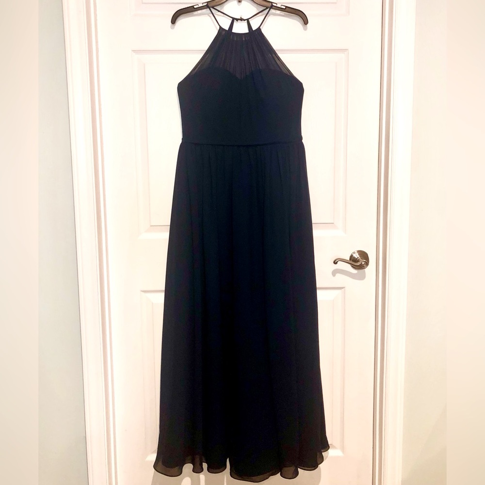 Azazie dark navy bridesmaid dress- sweetheart neckline with sheer halter M/L